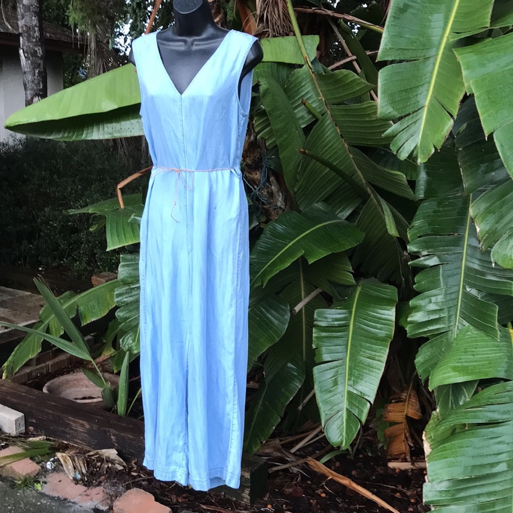 Lou and gray denim chambray wide leg jumpsuit with leather belt